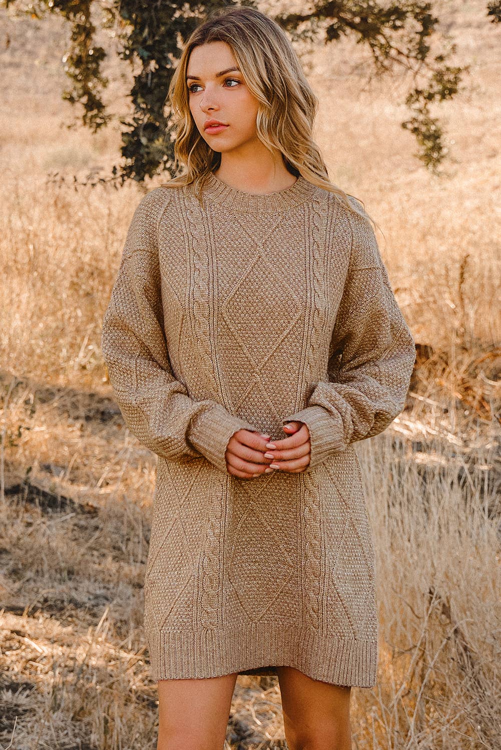 Cable Knit Drop Shoulder Sweater Dress