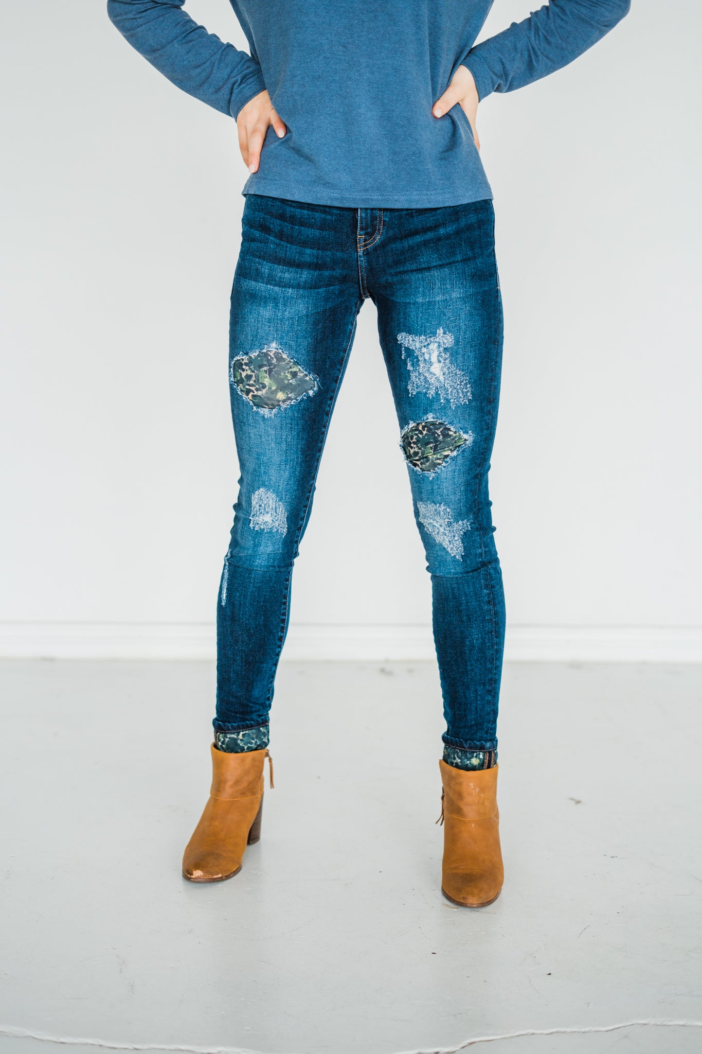 Camo Leopard Patch Skinny Jeans