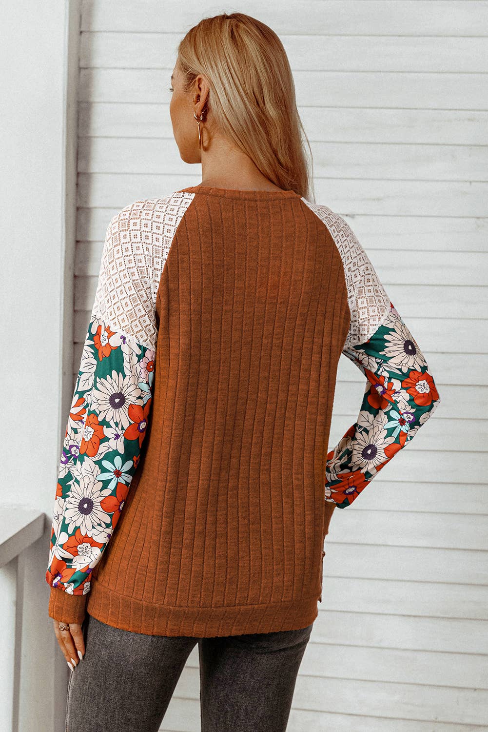 Floral Patchwork Long Sleeve Ribbed Blouse